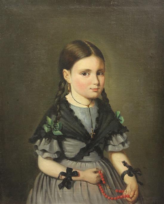 19th Century French School Portrait of a girl holding a coral bead rosary 25.5 x 21in.